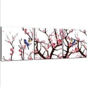 Canvas wall prints. Set of 3, 12x12. Bird on peach tree prints.